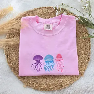Jellyfish Embroidered Comfort Colors Shirt, Colorful Jellyfish Shirt, Ocean Animal Embroidered Shirt, Coastal Summer Tee