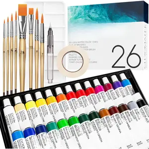 Watercolor  Set - 62 count Kit - Video Tutorial Course - For Adults, Beginner & Professional Artists - 26 Tubes (12ml), Sketch Pad, 8 Painting Brushes, Aquapen, Palette, Masking Tape