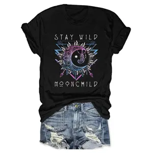 Vintage Graphic Tees Sun and moon print round neck t-shirt, spring and summer casual short sleeve tops, women's clothing country concert outfits