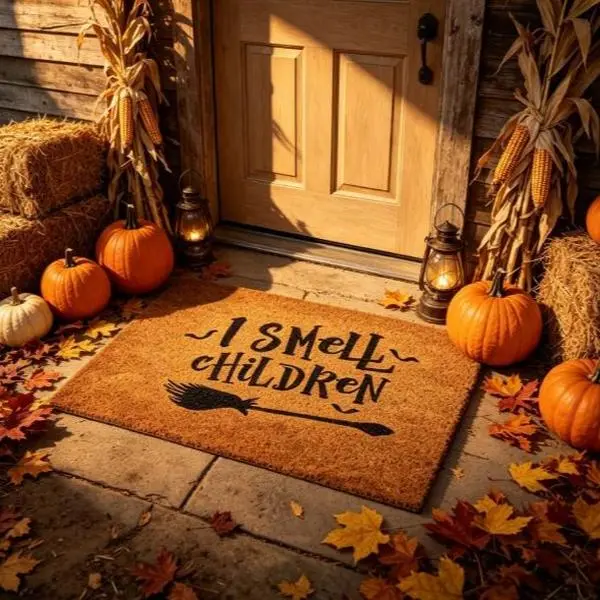 Non-Slip Halloween Witch Broom Welcome Mat, Letter Print Retro Look Funny Hocus Pocus "I Smell Children" Quote, Fall Spooky Front Porch Entryway Door Mat, Seasonal Household Textile Home Decor