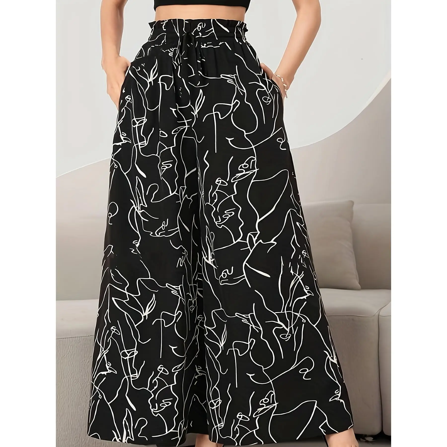 High-Waisted Wide-Leg Pants with Imitation Drawstring - Floral Print, 100% Polyester, Casual Style, Suitable for All Seasons, Machine Washable Elegant