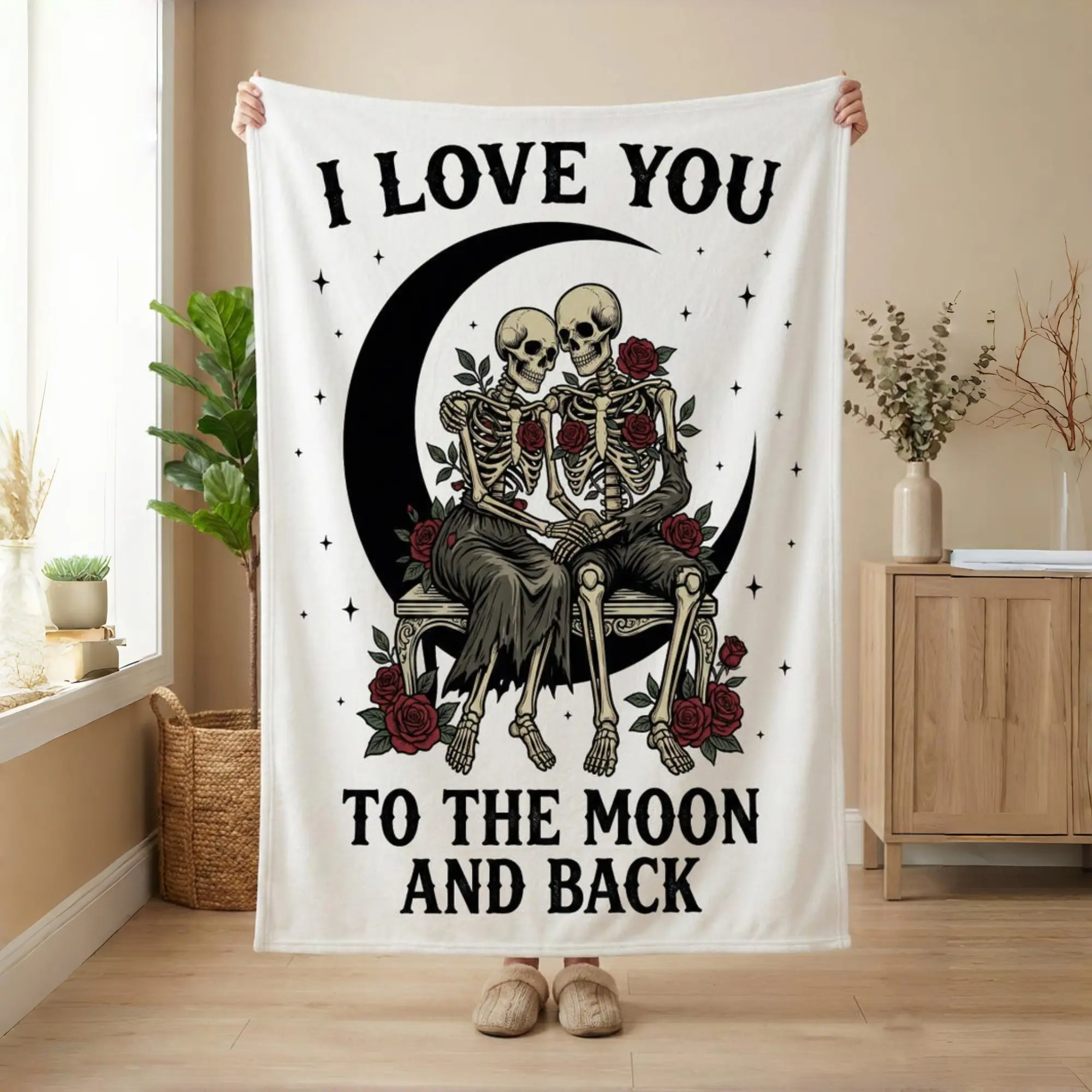 Heartfelt Gift Throw Blanket - "I Love You To The Moon And Back" Unique Design, Romantic Goth Valentine's Day Gift for Couples, Heartfelt Gift Blanket, Throwblanket