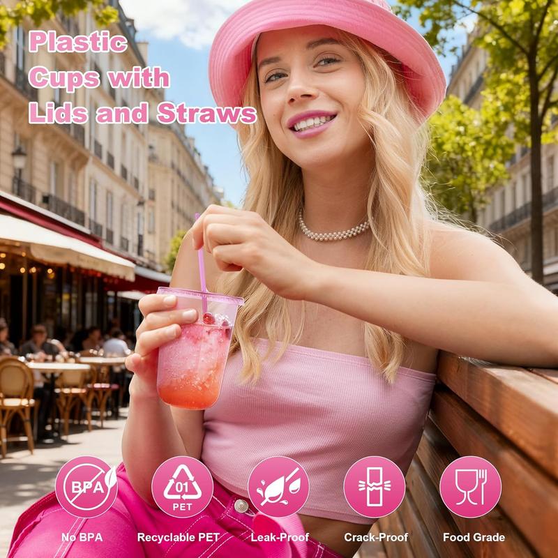 Valentine's Day 50Pack 12oz/16oz Pink Plastic Party Cups with Lids and Straws,Disposable Iced Coffee Cup with Lids,Round Bottom Drinking Cups for Birthday Wedding Valentine's Galentine's Bachelorette Party