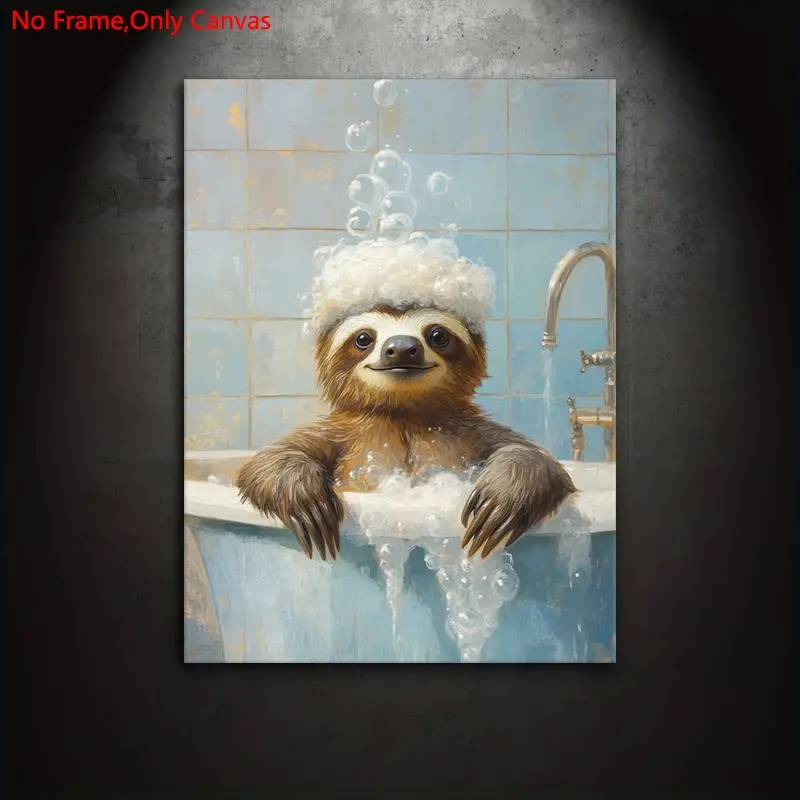 1 piece/set of frameless canvas painting print poster, classic illustration art, funny sloth taking a bath, perfect gift for animal lovers, ideal gift for bedroom, living room, kitchen, dormitory corridor, mural, wall decoration, room decoration