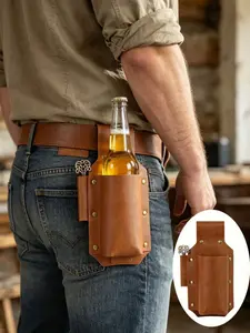 1Set Vintage Brown PU Leather Beer Bottle Holster With Key Bottle Opener, Waist Belt Drink Holder For Men(the bottle not include)