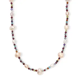 White Freshwater Pearl and Multi Gemstones 35 ctw Necklace in Rhodium Over Sterling Silver 24 Inches Christmas Gifts