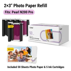 [Pearl N200 Pro 2×3" Photo Paper] Liene Pearl N200 Pro Portable Photo Printer Photo Paper 50 Sheets & 5 Cartridges, Picture Printer Sticker Paper Adhesive, Waterproof, Smudge Proof, Photo Paper Only for DMP130 for Scrapbook