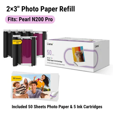 Liene Pearl N200 Pro 2X3" in Adhesive Sticker Photo Paper Refill Kit (50 Sheets + 5 Dye Subl. Ink Cartridges) - Waterproof, Smudge-Proof, Durable Printer Accessory for DMP130 Sticker Printing, Scrapbook Supplies