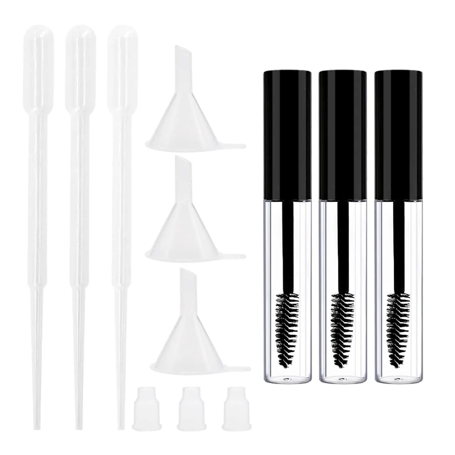 3 Pack 10ml Empty Mascara Tube Bottle with Eyelash Wand, Rubber Inserts, Funnels and Tubes, Cream Container Bottle with Funnels and Transfer Pipettes, for Castor Oil/Eyelash Growth Oil