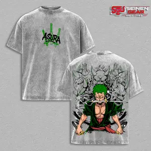 Zoro Asura King of Hell Double Printed Vintage Washed Oversized Tee, One Piece Anime Manga Heavyweight Cotton Graphic Tee Streetwear Gift for Him