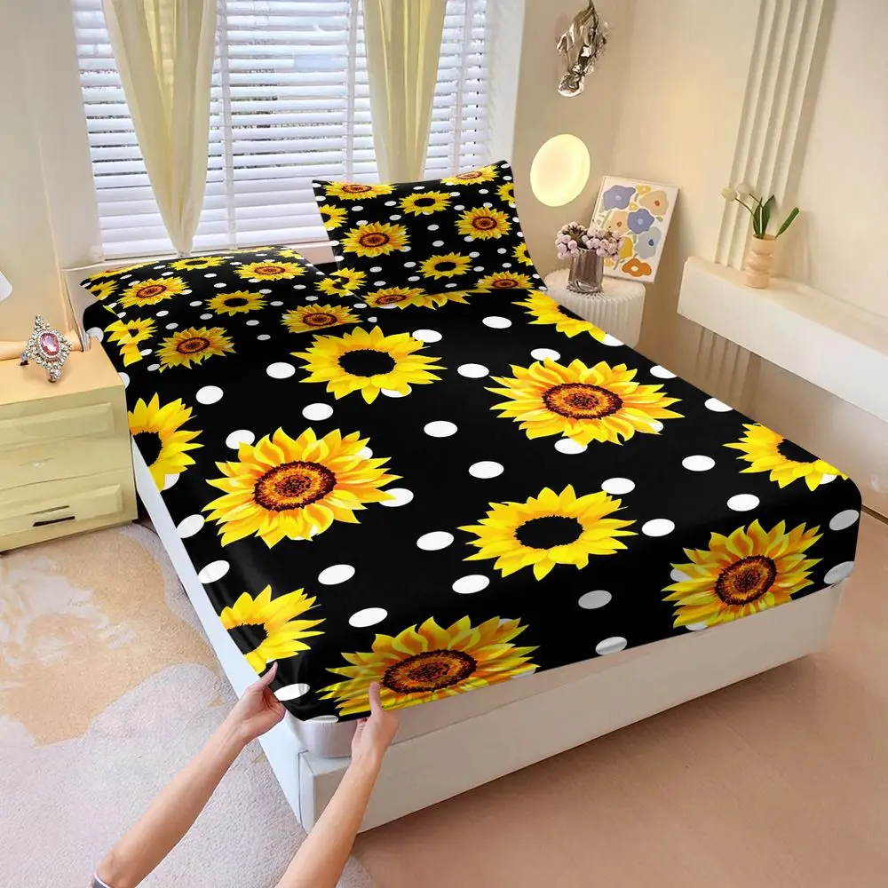 3Pcs Sunflower Fitted Sheet Set, Sunflower Bed Sets, Sunflower Bedsheet Sets, Yellow Sunflowers and Polka Dots on Black Background, Comfortable Bedding, Floral Design Includes 2 Pillowcases, No Pillow Core