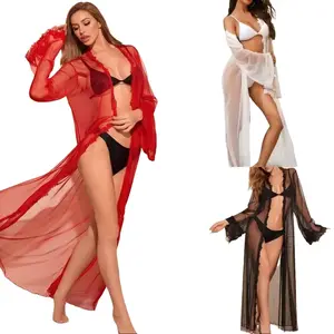 Lingerie for Women Sexy Long Lace Kimono Robe Mesh Chemise Lace Gown Swimsuit Cover Up Womenswear Breathable Bridal Elegant Evening Halloween Loungewear Matching Nightwear Sheer Sleeves Slim