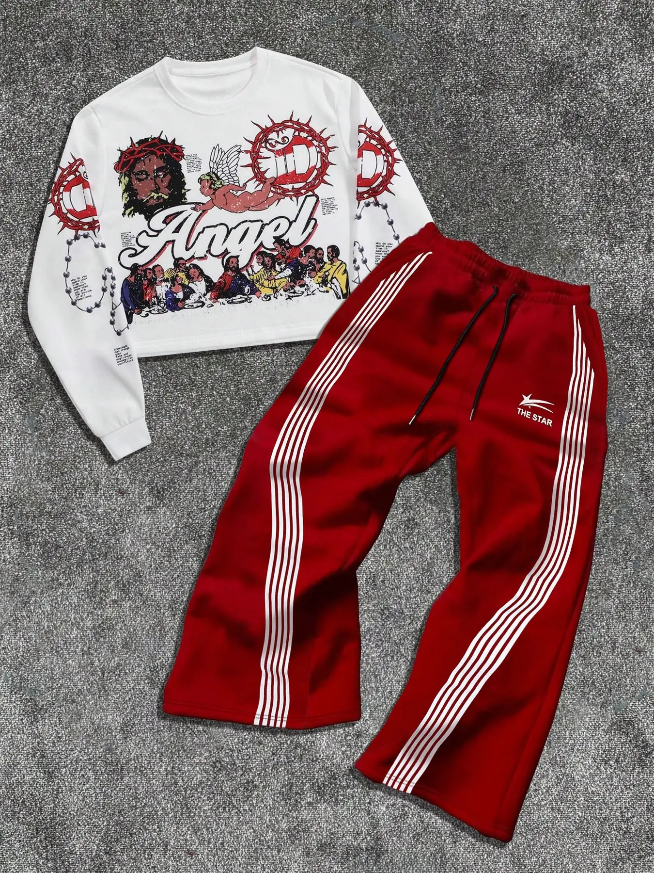Men's 2-Piece Set Vintage Graphic Short Sleeve Hoodie & Print Drawstring Pants, Comfortable Fitted Street Casual Style for Spring & Fall Outfit Top Menswear Clothes