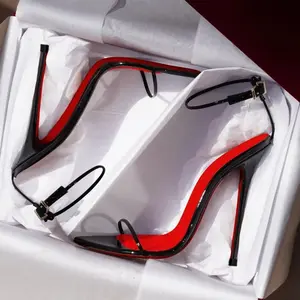 2025 New Minimalist Line Curved Straight Strap 12cm Ultra High Heel Sandals Sexy Wristband Large Size Thin Heel 12cm Red Bottom Women Girl