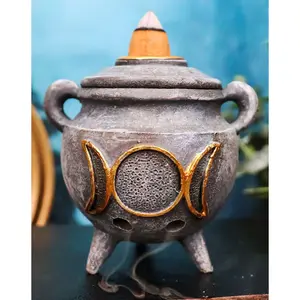 Witchcraft Wicca Triple Moon Goddess Cauldron Backflow Incense Holder Figurine