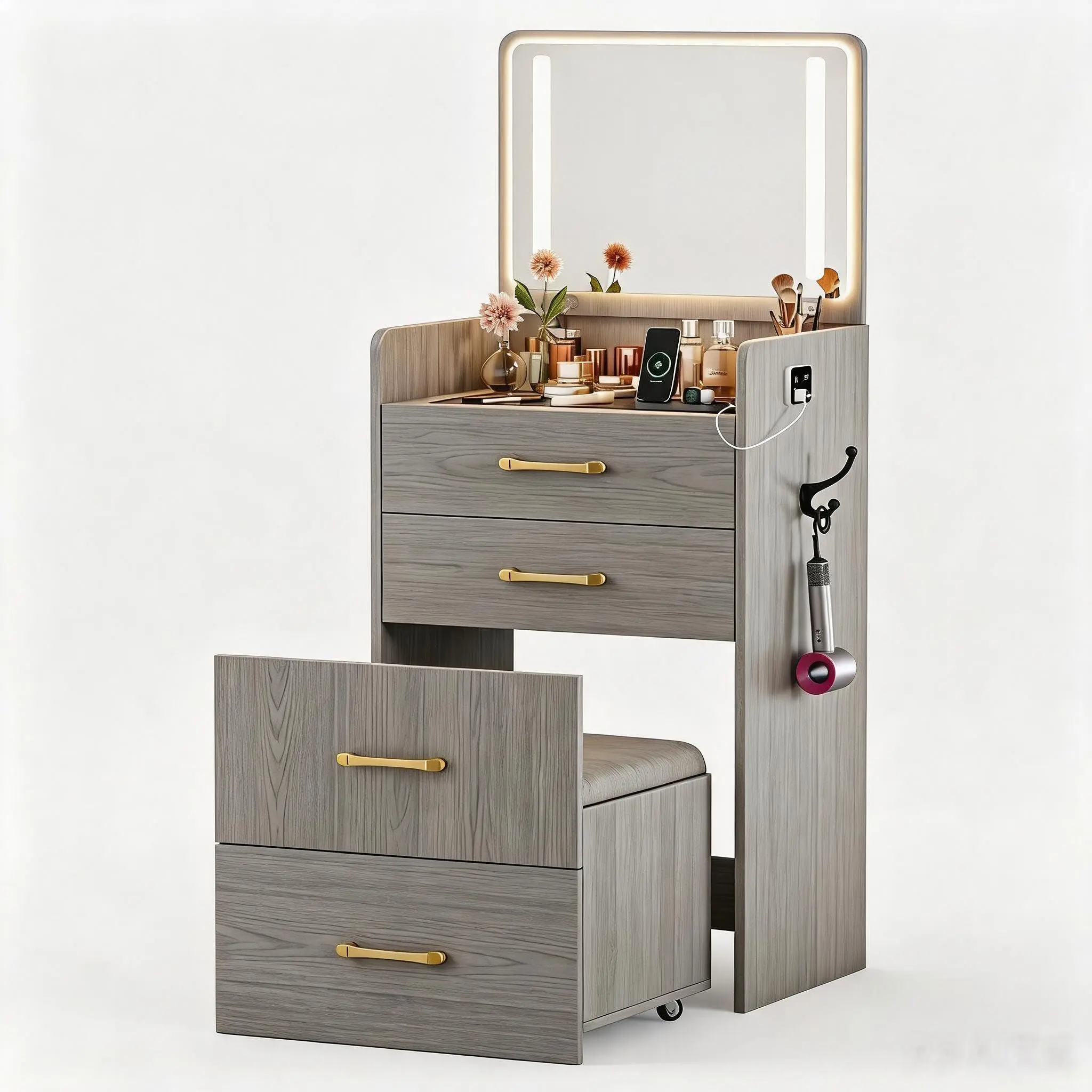 Gaomon Modern 3-in-1 Compact Vanity Desk Set with Built-in Rolling Stool, Nightstand Function, Sensor Light Flip-Top, USB-A/USB-C Charging Station, Hidden Storage Drawers, Wood Finish for Bedroom Dorm