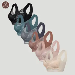 【6pcs】HIXOWIA Women's Soft Comfortable Breathable Wireless Lingerie Top for Daily Wear, Women's Lingerie for All Seasons, Sexy Floral Lace girls' bra Everyday Bra  Vneck Womenswear