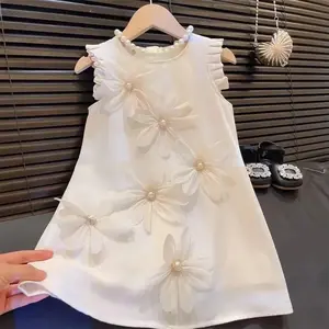 New Girls' Casual Clothes Pleated 3D Flower Sleeveless Princess Dress Korean Version Solid Color Children 2-12 Years Old