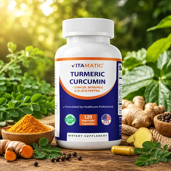Turmeric Curcumin Supplement with Black Pepper, Ginger & Moringa, High Potency Herbal Blend for Joint, Immune & Antioxidant Support, 120 Vegetarian Capsules