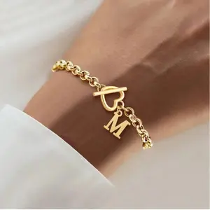 Stainless Steel Initial Heart Bracelet – Gold O-Chain with Toggle Clasp