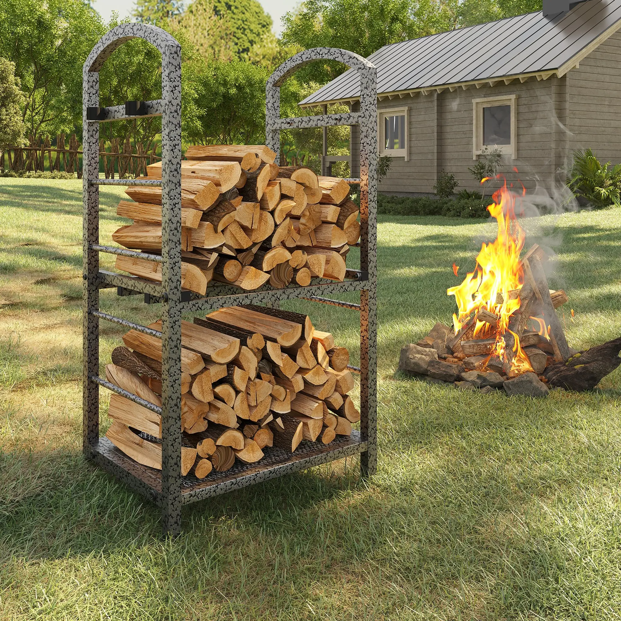 30-Inch Black Iron Firewood Rack, Indoor Outdoor Wood Storage with Kindling Hooks, Large Metal Organizer for Living Room, Backyard, Porch Fireplace Logs