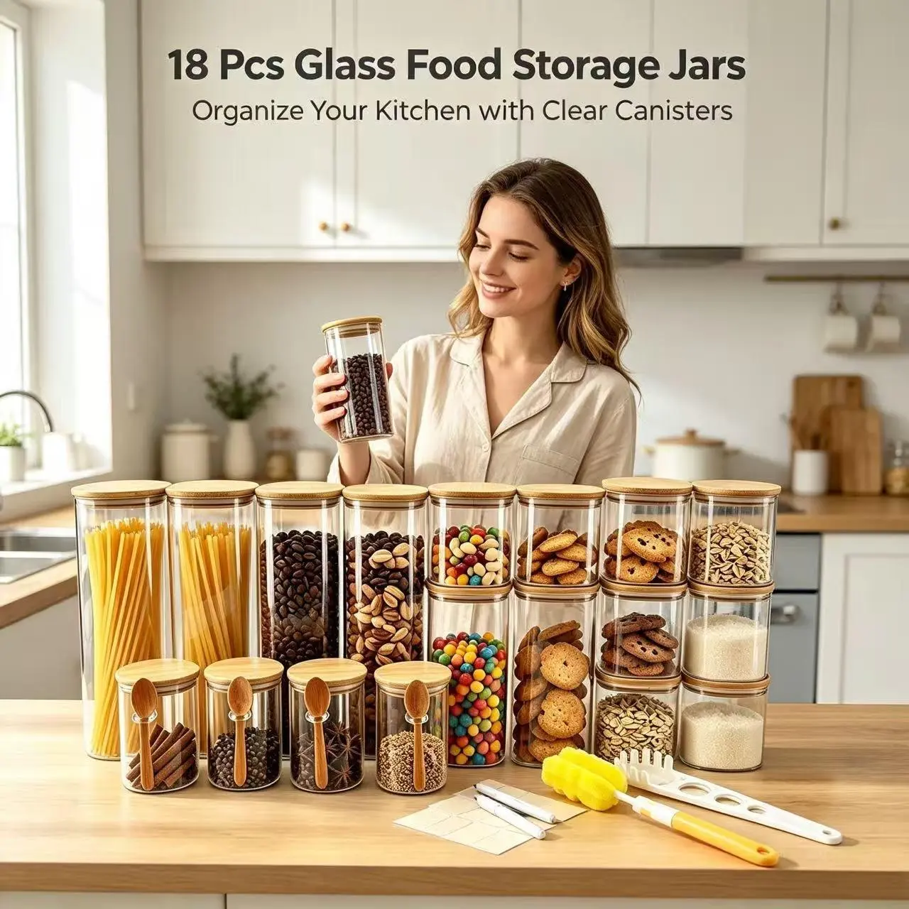 Large Capacity Clear Square Glass Food Storage Jars 18 Pack, Multi Size Airtight Canister with Bamboo Lids, Kitchen Food Storage Containers for Dry Food, Comes with Brush and Labels