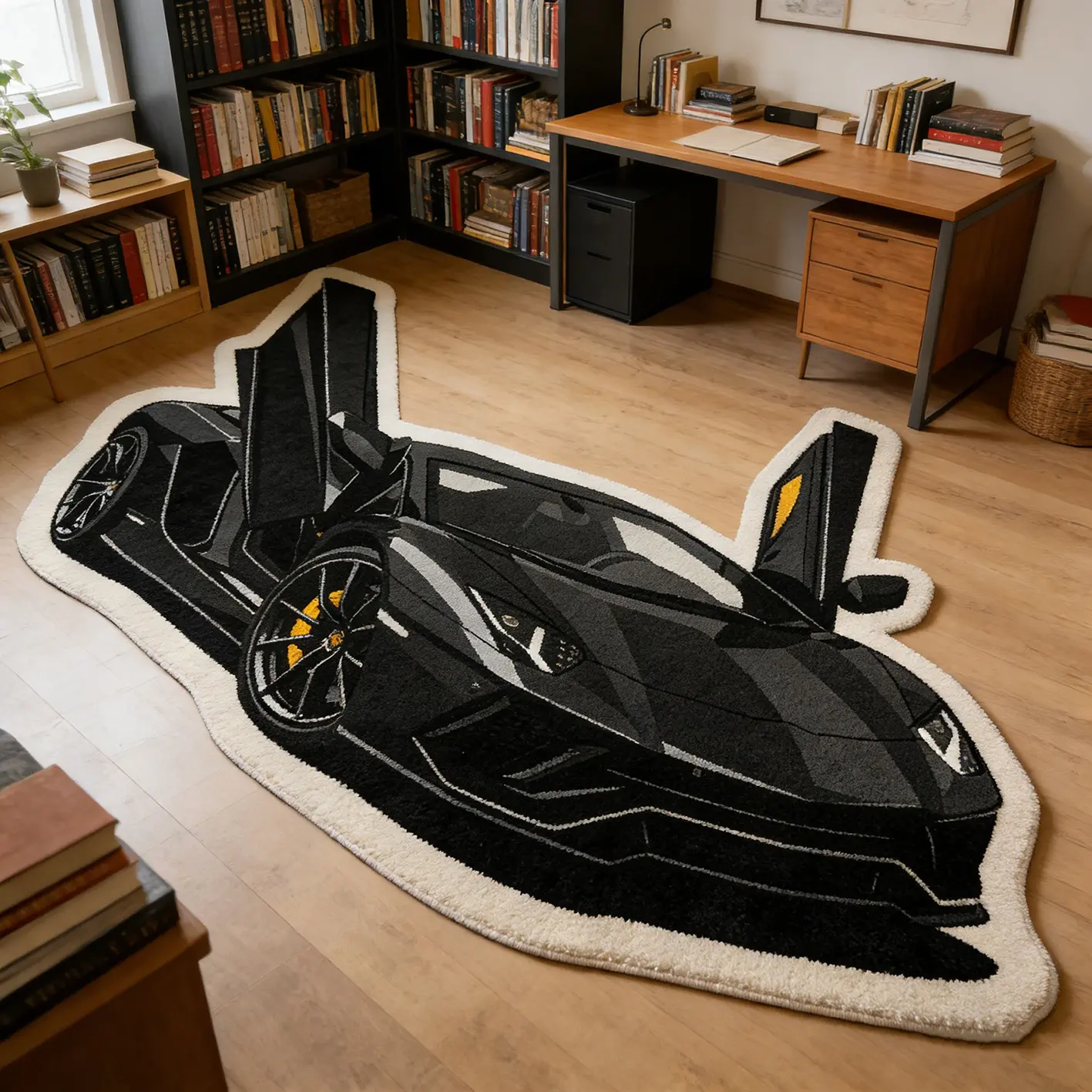 Scissor door supercar shaped carpet black yellow plush floor mat living room study anti slip wear-resistant decoration mat, Non slip rug, Floor Rugs