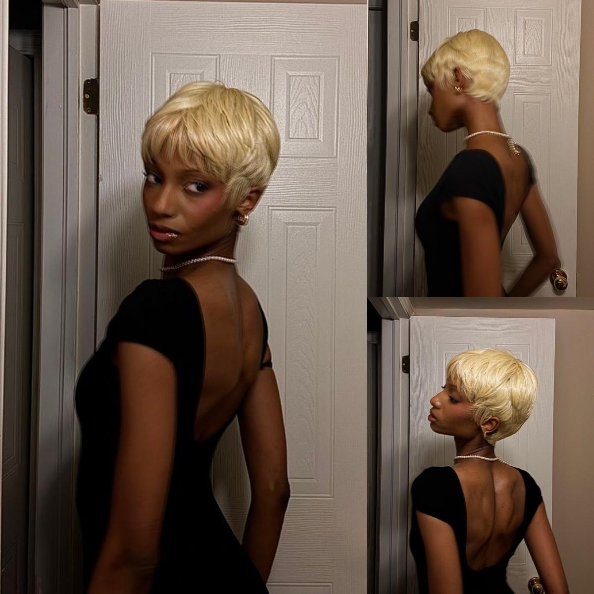 [Summervibes] AliPearl Wigs Glueless Straight Blond #613 Short Pixie Cut Wig T-part Lace Short Bob Wig with Bangs Ready to Go Pre Cut Pre Plucked For Women Human Hair