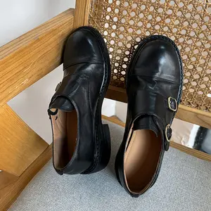 British Style Vintage Monk Strap Cowhide Leather Shoes with Round Toe in Black