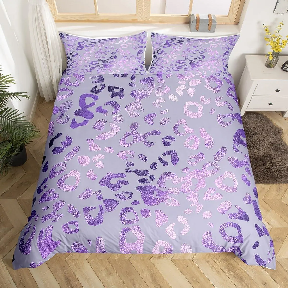 Purple Leopard Printed Duvet Cover,Kids Purple Glitter Bedding Set,Cheetah Printed Comforter Cover for Boys Girls Room Decor,Wild Animal Skin Bedspread Cover with (No Comforter)