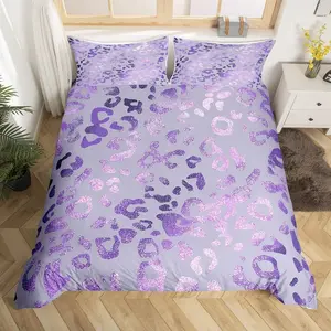 Purple Leopard Printed Duvet Cover,Kids Purple Glitter Bedding Set,Cheetah Printed Comforter Cover for Boys Girls Room Decor,Wild Animal Skin Bedspread Cover with (No Comforter)