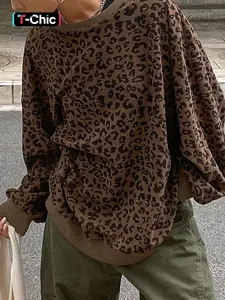 Women's Leopard Print Long Sleeve Round Neck Woven T-Shirt Top, Loose Fit Casual Wear for Lady, Sexy Style for Spring & Fall Seasons, Womenswear