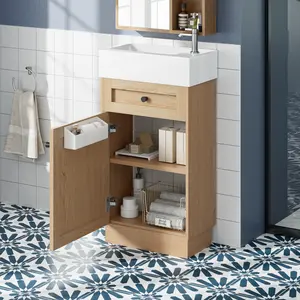 18.5" Bathroom Vanity with Reversible Resin Sink, MDF Cabinet with Adjustable Shelf and Elegant Zinc Alloy Handles, Wood Grain Melamine Finish, Reversible Door, Rustic Style for Small Spaces