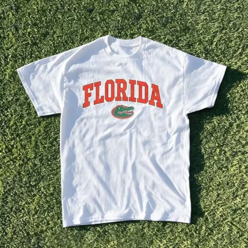 Men's Cotton Round Neck Short-Sleeve Vintage Florida Alligator Graphic T-Shirt - Retro Campus Style Casual White Menswear Summer Streetwear
