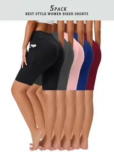 5pcs  High-Waist Crescent Pocket Shorts | Stretchy & Breathable Polyester Blend, Mid-Thigh Length with Elastic Waistband for Comfortable Summer Wear Solid Color Breathable Mesh Fabric with Pockets, Sweat Absorbent Outdoor Fitness Athletic Shorts