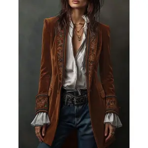 Women'S Elegant Long-Sleeve Solid Burgundy Lace Velvet Coat with Ruffled Collar & Hem - All-Season Mid-Length Jacket, Versatile Casual to Formal Outerwear, Soft Durable Patchwork Design for Everyday &