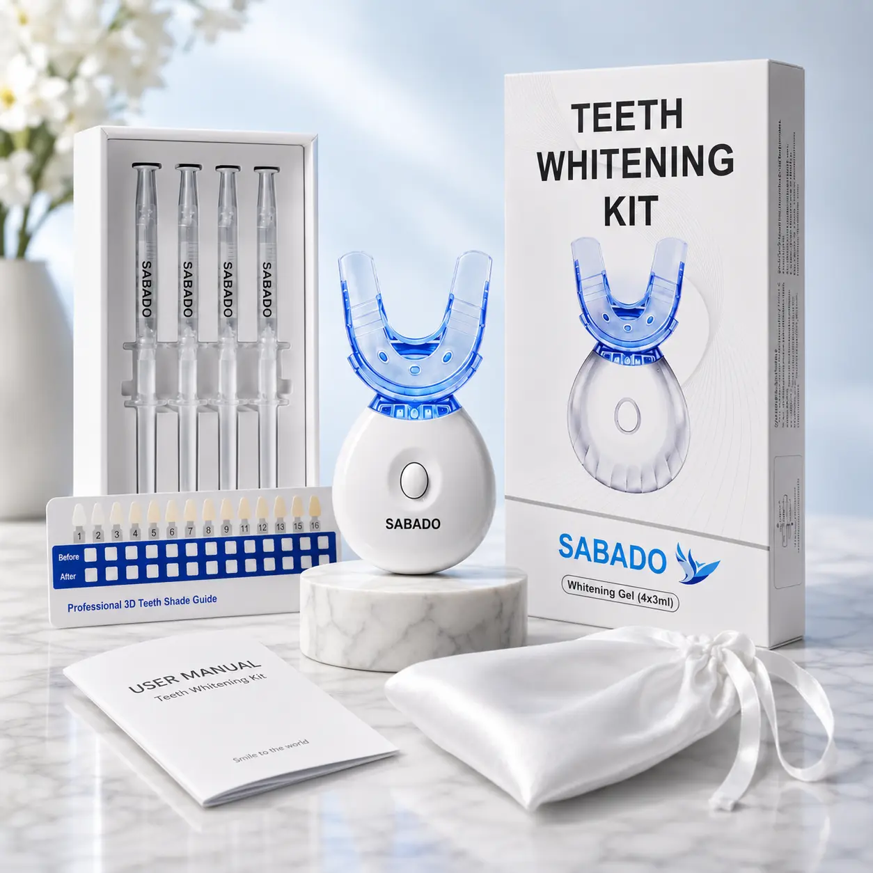 Sensitive Teeth Safe Teeth Whitening Kit, 3-Week Professional Brightening Treatment, 10-Minute Fast Dental Whitening Set with 1 LED Beauty Device, 4 Gel Refill Syringes & Shade Guide smile