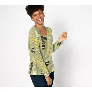 Denim & Co. Canyon Retreat Long Sleeve Printed Scoop Neck Top