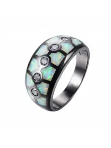 Edgy Opal Honeycomb Ring for Unisex Black Plated with Rainbow Fire Opal Zirconia Cool Birthday Jewelry Unique Couple Rings Gifts
