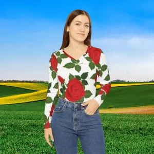 Women's V‑Neck Long Sleeve Top — Red Rose All‑Over Print