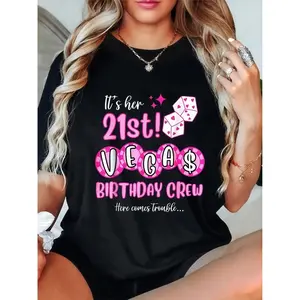 Las Vegas 21st Birthday Matching T-Shirts: Fun graphic tees for men and women, soft and casual with "It's Her 21!" design, perfect for parties and group photos, black with pink and white accents.
