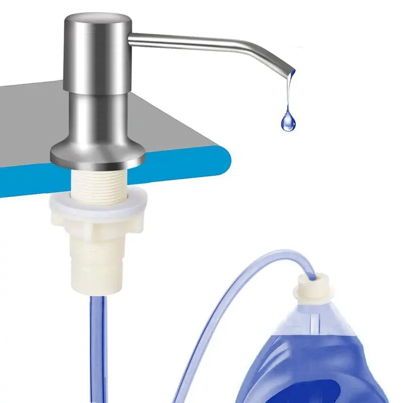 Dish Soap Dispenser for Kitchen Sink, Brushed Nickel Countertop Soap Pump with 39" No-Spill Extension Tube Kit, Built-In Refill System for Kitchen & Bathroom – Silver