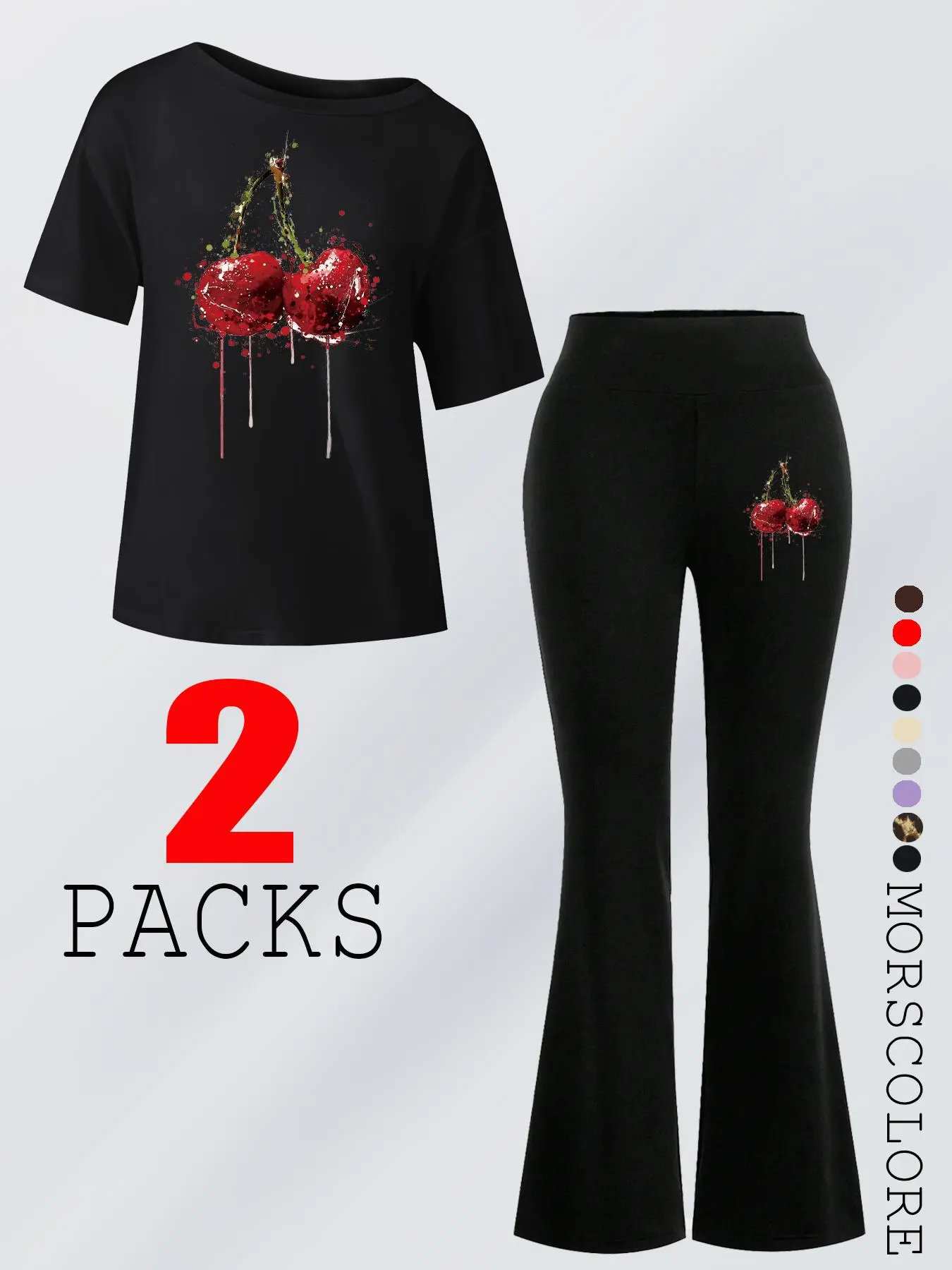 Women's Strawberry Print Two-piece Set, Casual Comfy Short Sleeve T-shirt & Flare Leg Pants Set for Daily Wear, Ladies Summer Clothes, Suits