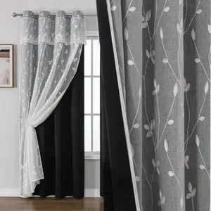 1pc Korean Minimalist Embossed Vine Leaf Curtains, Home Decoration Curtain, Bedroom New Double Layer Lace Fabric, Full Light Blocking Sun Protection UV Blocker