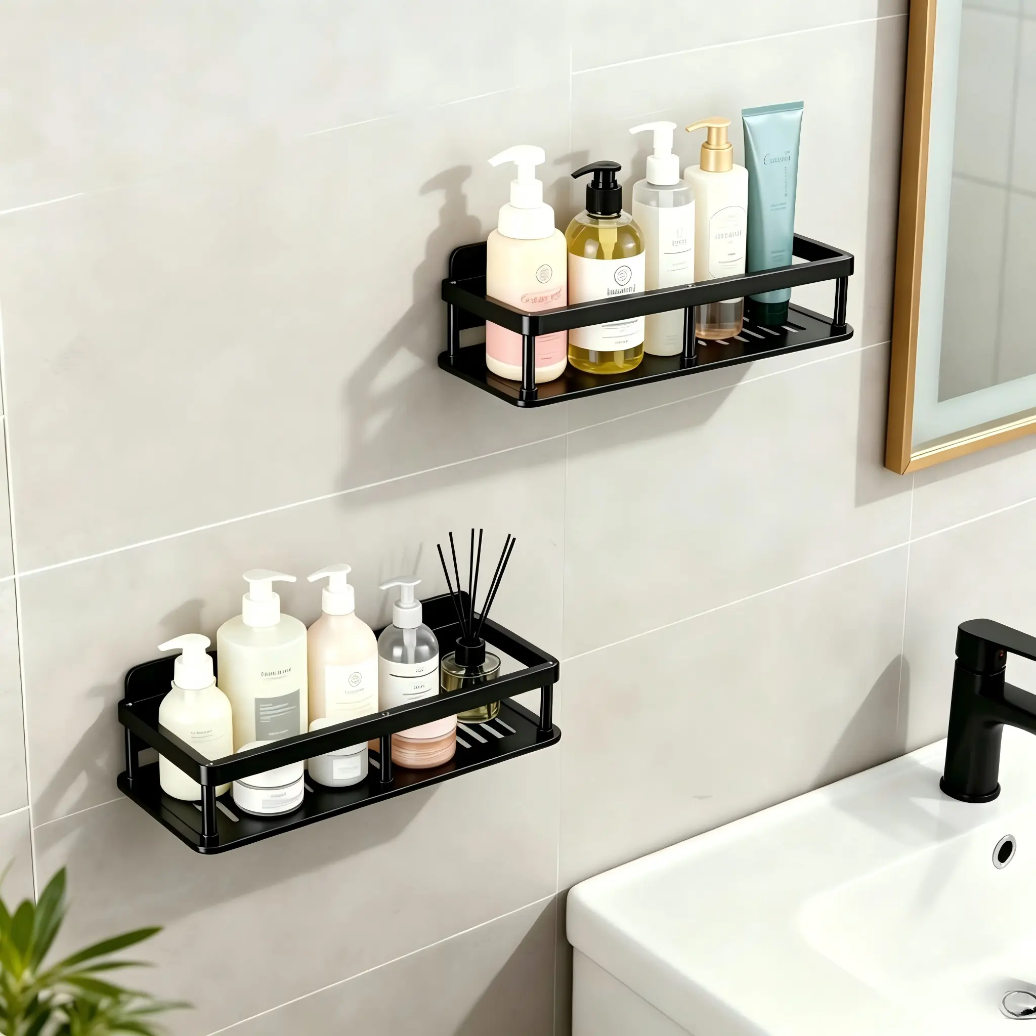 2-Pack No-Drill Adhesive Floating Shelves with Drainage Holes, Waterproof Wall-Mount Storage Organizer, Multifunctional Bathroom Decor Supplies for Bathroom, Kitchen