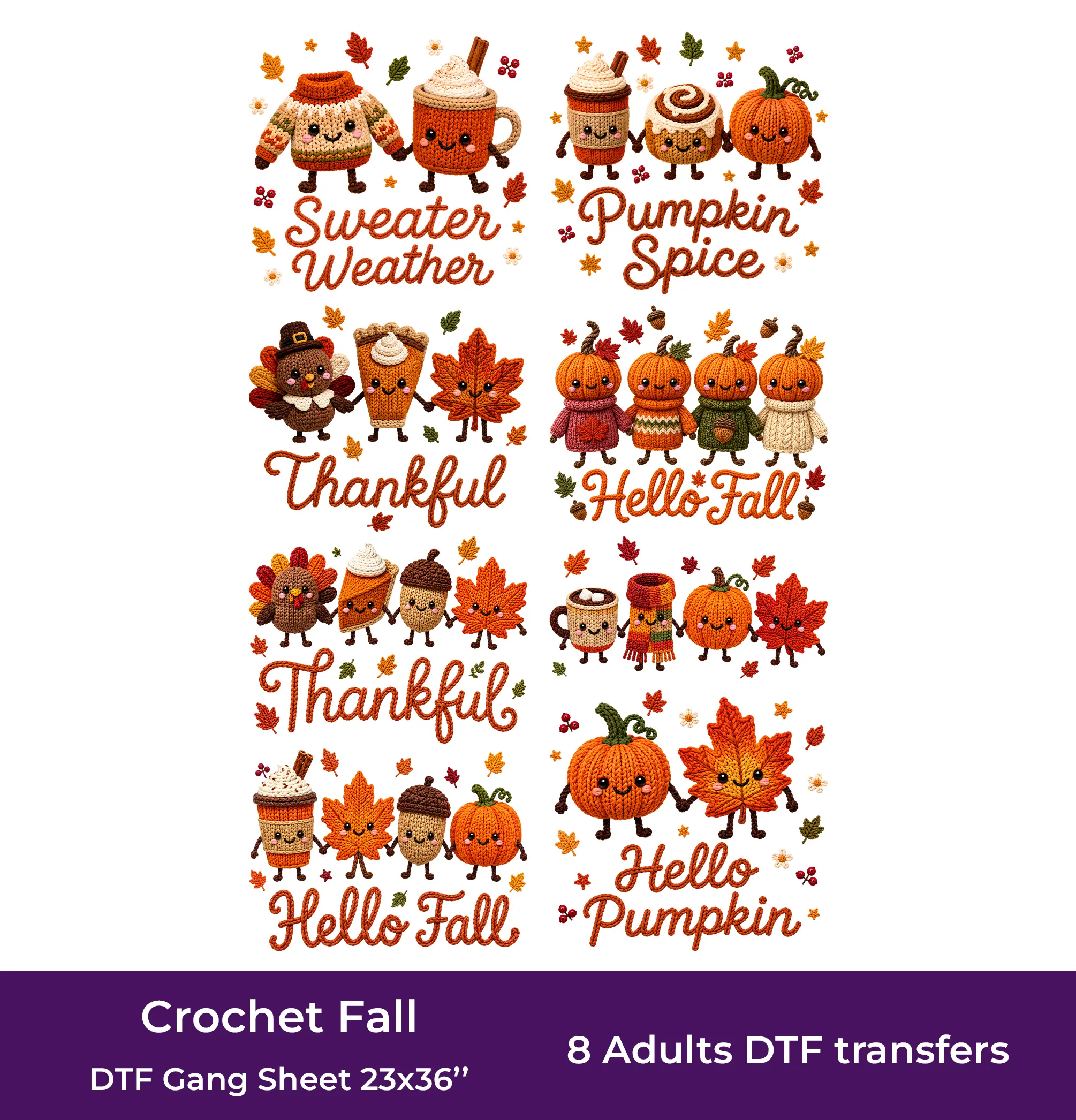Crochet Fall DTF Gang Sheet, 23x36 in. Ready to Press Heat transfers