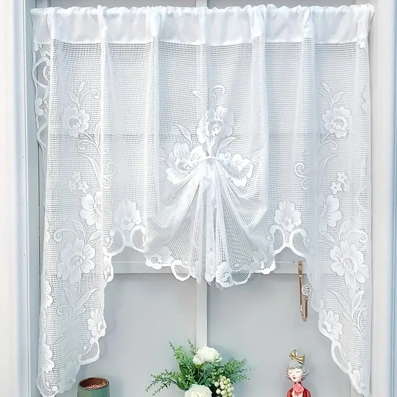 Flower Embroidered Lace Window Curtain without Rod, Window Drapes, Home Decorative Curtain, Home Decoration Curtain, 1 Count Vintage Floral Lace Sheer Curtain, Short Sheer Curtains for Bedroom Living Room Dining Room Decor
