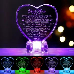 Gifts for Mom Birthday Mothers Day, Engraved Crystal Heart with Rechargeable Color Changing LED Base, Perfect Birthday Valentines Day Christmas Anniversary Gifts for Mom from Daughter Son