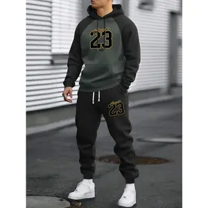 Men's spring and autumn thin personalized letter number print pattern colorblock raglan sleeve hoodie and pants set, stylish casual men's pocket sports sweatpants with elastic waist drawstring, two-piece long pants suitable for cool spring and autumn weat