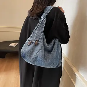 Unisex Vintage Denim Crossbody Bag Large Capacity Canvas Messenger Bag Retro Streetwear Shoulder Purse Back to School Student Tote Bag